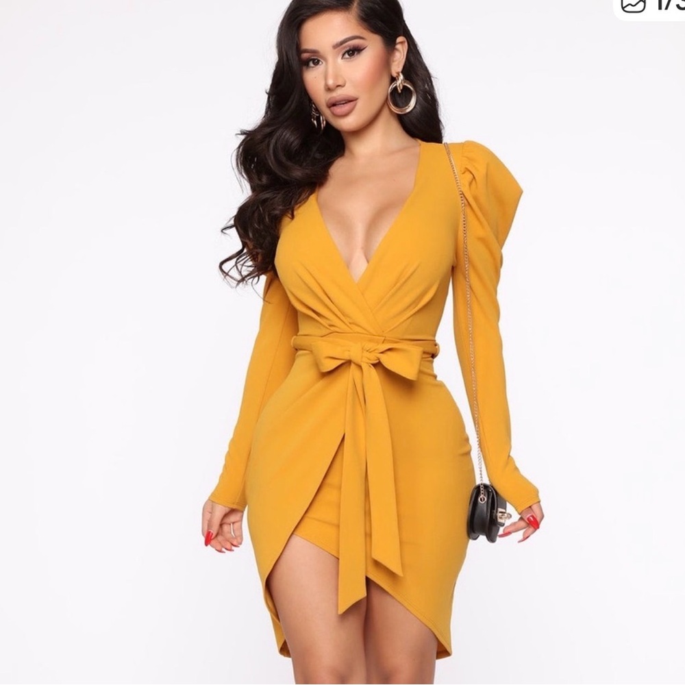 Fashion Nova Mustard Long Sleeve Dress